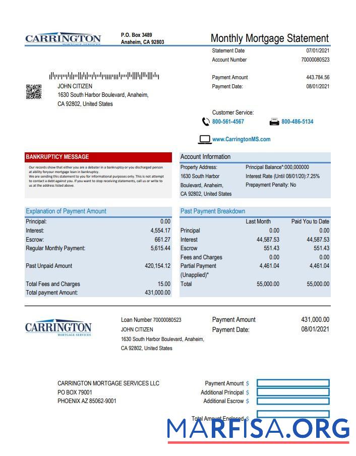 Realistic USA Carrington Mortgage Services bank statement excel real example